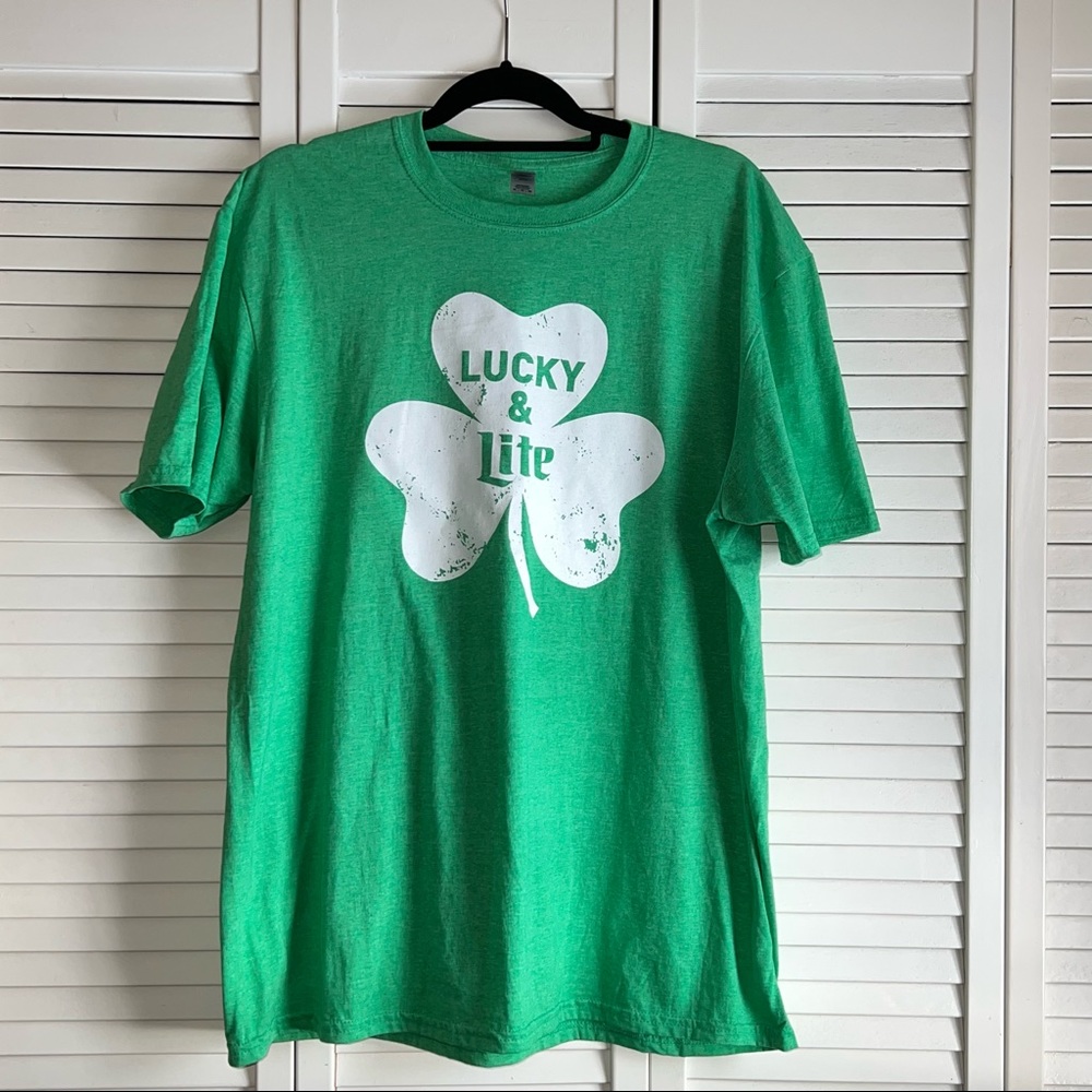 Gildan Miller Lite green short sleeve tee with clover design
